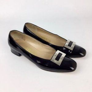 Salvatore Ferragamo Black Patent Leather Silver Buckle Pumps 8 AA Narrow